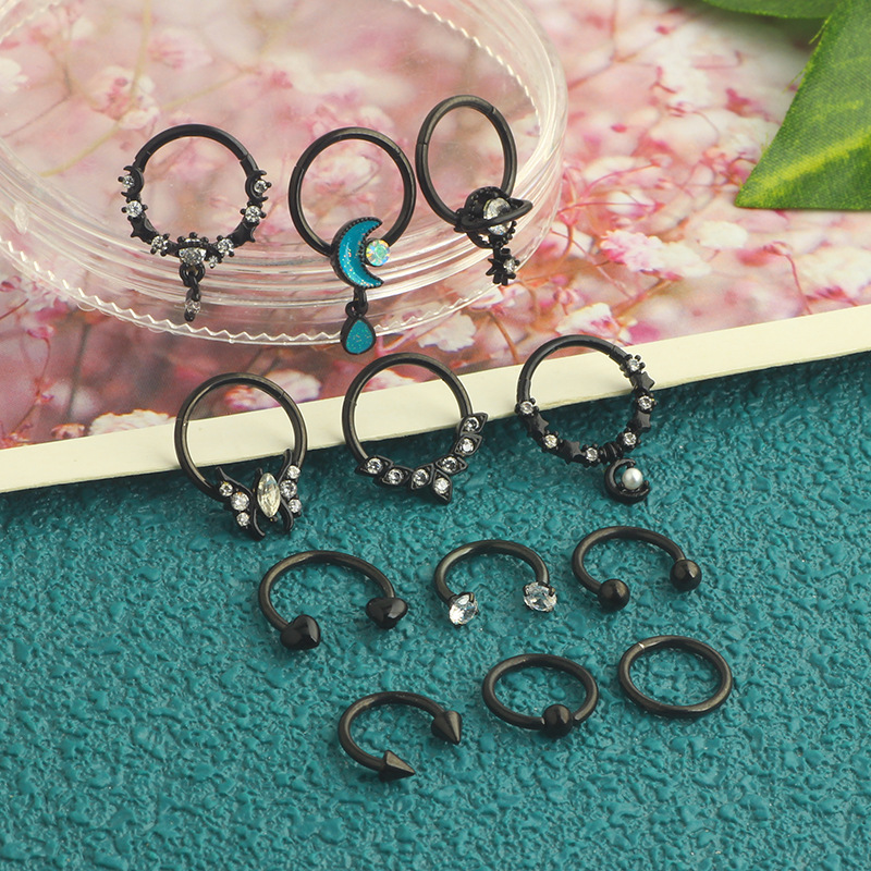 12-Piece Black Stainless Steel Nose Ring Set - Cross-Border Open Ring Nose Stud Ear Bone Piercing Jewelry detail image 12