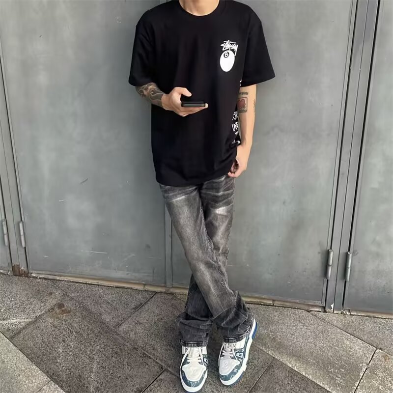 跨境Claenfit帅气牛仔裤重磅水洗灰微喇裤显高修身高街休息男女裤|undefined