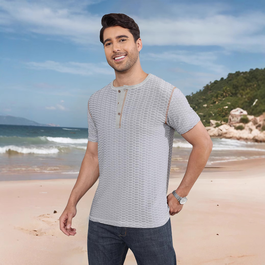 Camiseta deportiva europea y americana, informal, ajustada, transpirable, de manga corta para hombre, camiseta Henley muscular para hombre, transpirable y absorbente del sudor