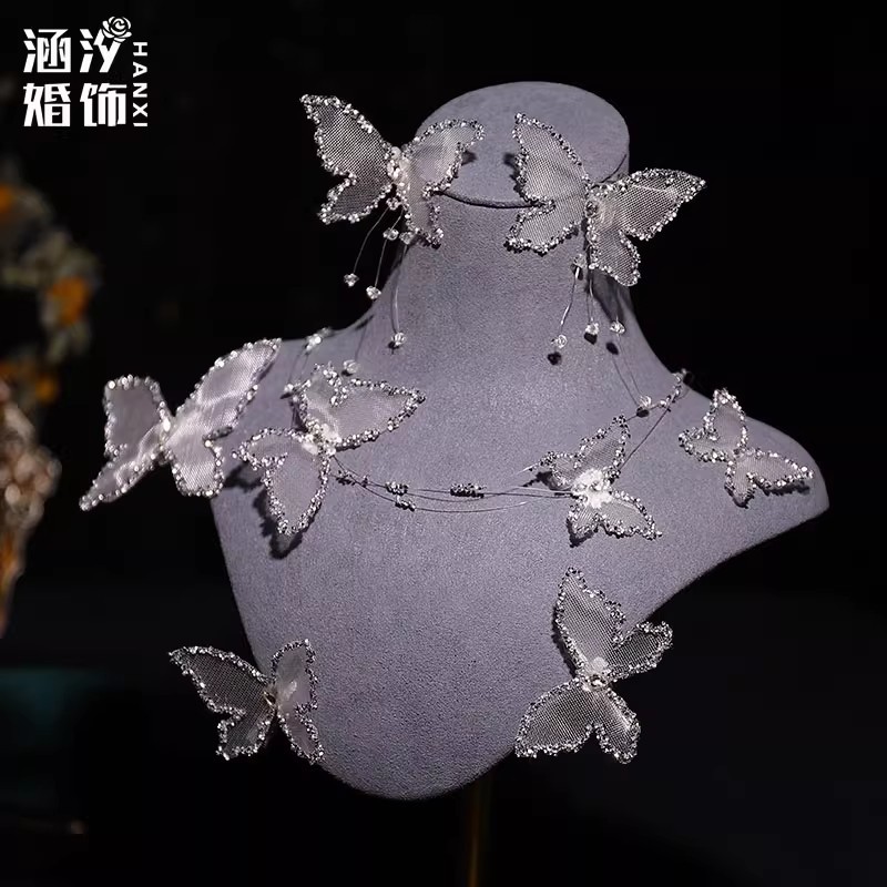 Hanxi's New Butterfly Hairpin Necklace Earrings Set Bride Wedding Main Gauze Headdress Photo Studio Photo Princess Hair Accessories