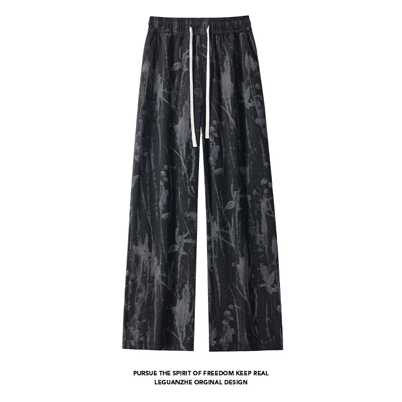 Ink-dyed Chinese-style Printed Long For Men, Autumn Trendy Corduroy Loose Wide-leg Pants, Casual Pants With A Raxed_voghion.com