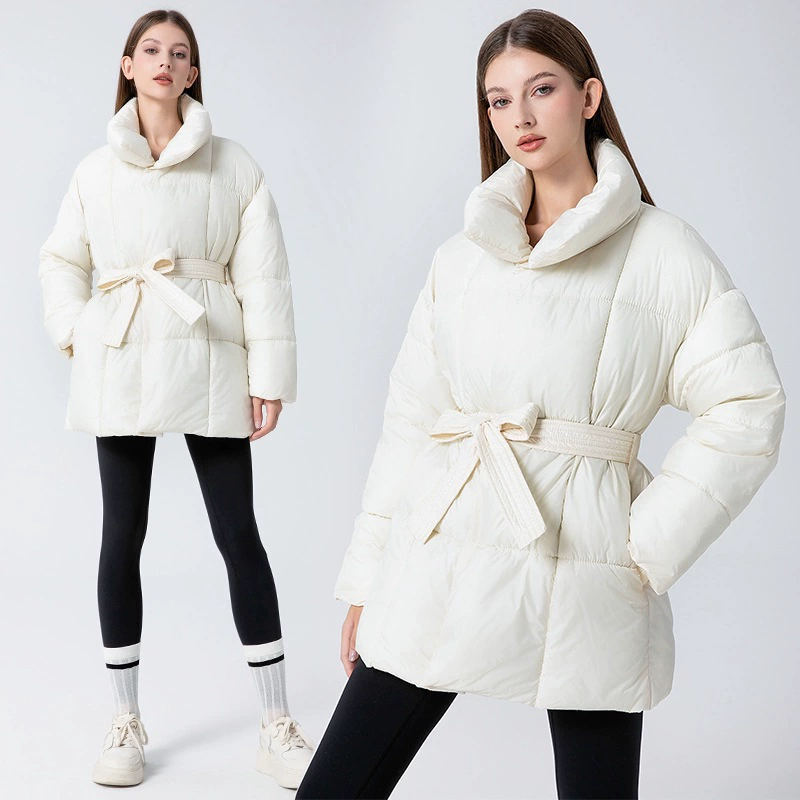 Короткая пуховая куртка оверсайз, европейский стиль с поясом, зима, M–XXL