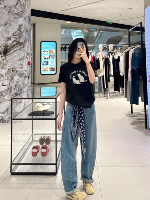 25SS YBオープン/ニッチデザイナーMoの猫かわいいプリントレター半袖ルーズTシャツ女性用|undefined
