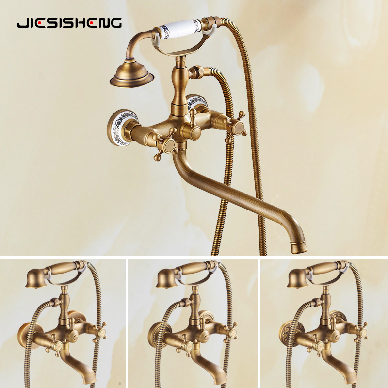 Antique Brass Bathtub Faucet into the Wall Bathroom Simple Shower Handheld Shower Set Hot and Cold Wall Outlet Faucet