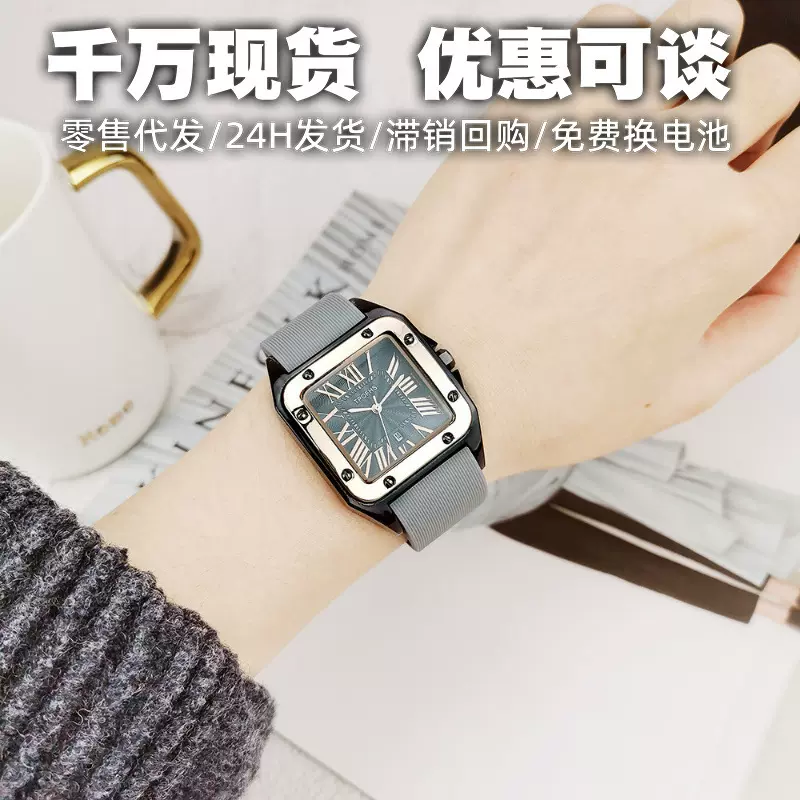 厂家直供网红潮表罗马方形复古带日历石英表批发硅胶带防水手表女
