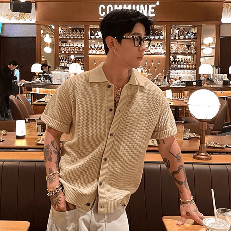 American Retro Khaki Knitted Short-Sleeved Shirt Men's Old Money Style High-End Half-Sleeved Cleanfit Shirt Jacket