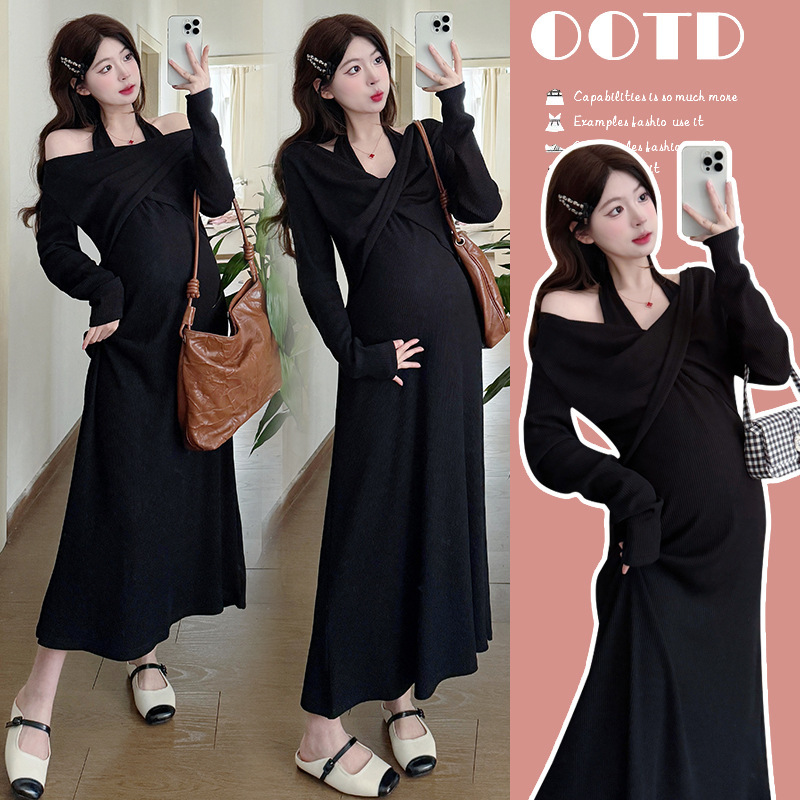 Pregnant Women's Dress Internet Celebrity 2025 Spring New Design Sense Niche French Slim Neck V-Neck Pregnant Women's dress