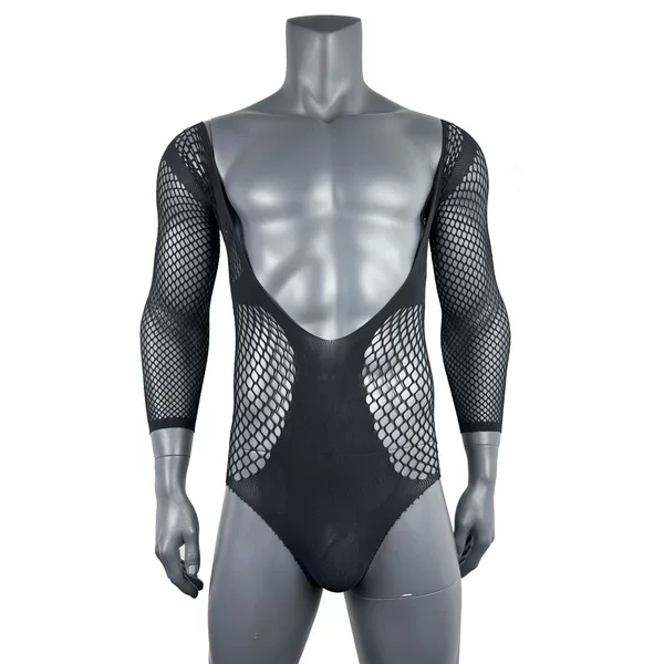 Men's Sexy Lingerie, Sexy Long-Sleeved See-Through Fishnet Tempting Tight-Fitting One-Piece Mesh Suit