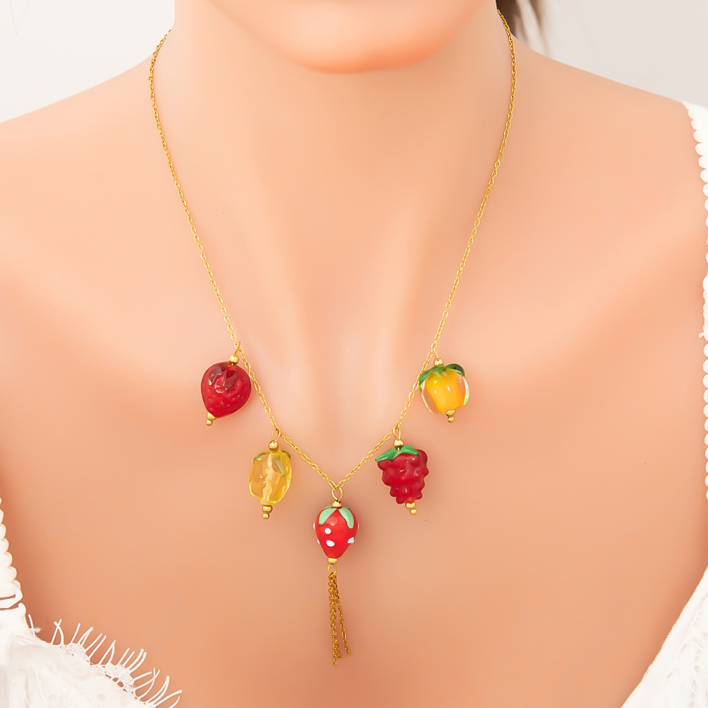 17g Weight PVD Coated Gold Plating Process 18K Gold Plated Plating Material Glass, Titanium Steel Pendant Material Pendant Necklace Classification Titanium Steel Chain Material Beaded Chain, Paperclip Chain, cable chain Chain Type 1 Piece Quantity Casual, Daily Occasion Glass, Titanium Steel Material Cherry, Heart Shape, Strawberry Pattern Women's Gender Plating Design Cute Style Gold Color Cute Cherry Heart Shape Strawberry 18K Gold Plated PVD Coated Glass Titanium Steel Beaded Chain Paperclip Chain Cable Chain Pendant Necklaces Wholesale 3