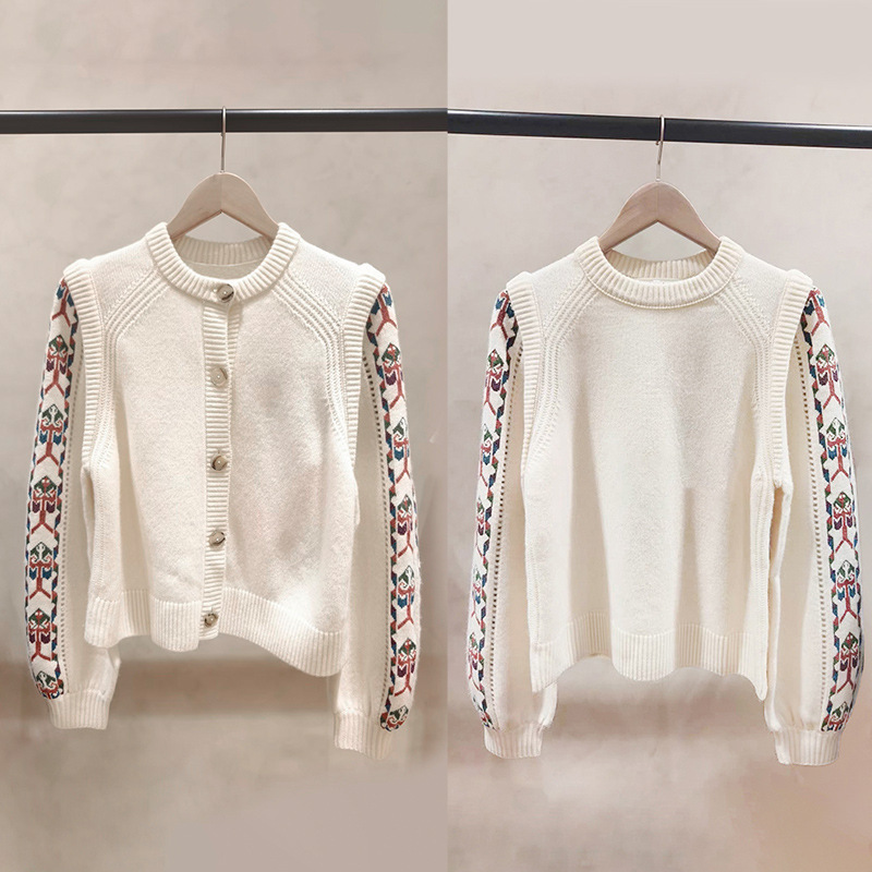 French-Style Niche 2026 Autumn/Winter Ethnic Embroidery Puff Sleeve Knit Round Neck Drop Shoulder Versatile Cardigan Sweater 26974