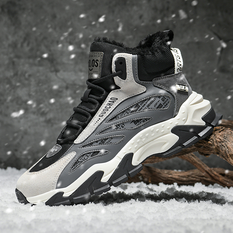 Winter 2025 New Fashion Leather Boots Outdoor Hiking Boots Fleece-Lined Warm Sports Snow Boots Men's High-Top Cotton Shoes