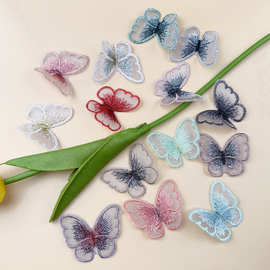 爆款服装头饰辅料刺绣补丁贴彩色幻彩欧根纱刺绣蝴蝶布贴纱裙配饰