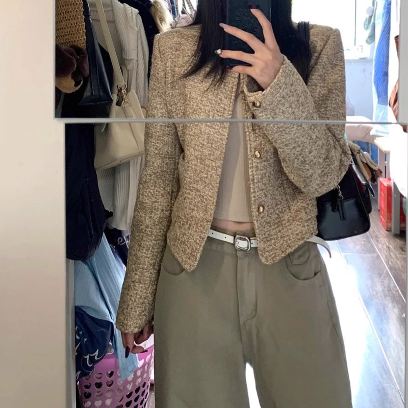 Autumn 2025 New Casual and Sexy Jacket Top Small Fragrant Khaki Tweed Short Jacket for Women
