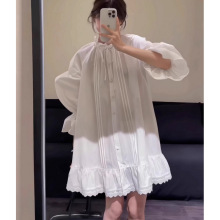 日韩系甜美休闲白色蕾丝花边长袖衬衫裙女宽松荷叶边连衣裙