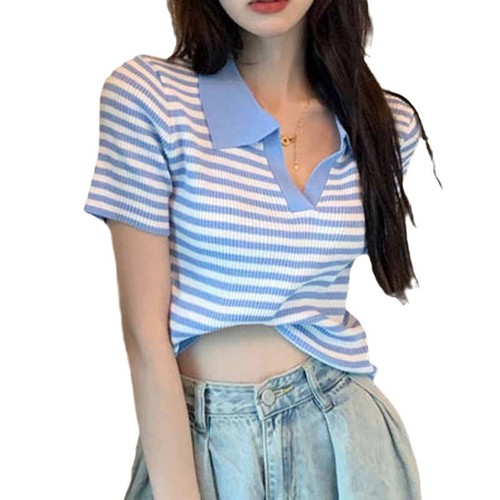 Striped summer thin-fit polo neck short-sleeve crop top with a sense of design, indie knit, trendy and cool silk blouse.