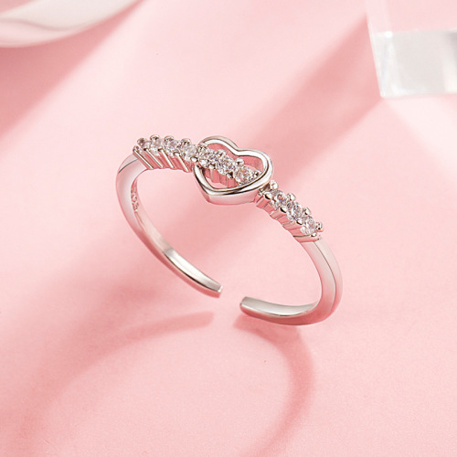 Simple row of diamonds, hollow love ring for women, girly heart, sweet and forest style small fresh hand ornaments, fashionable personality and high-end sense