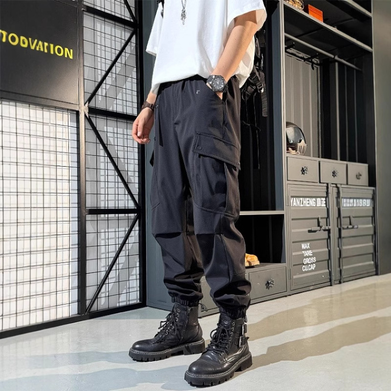 Black Pocket Cargo Pants for Men, Loose Jogger Pants, Autumn Thick Casual Pants, Trendy Functional Parachute Pants