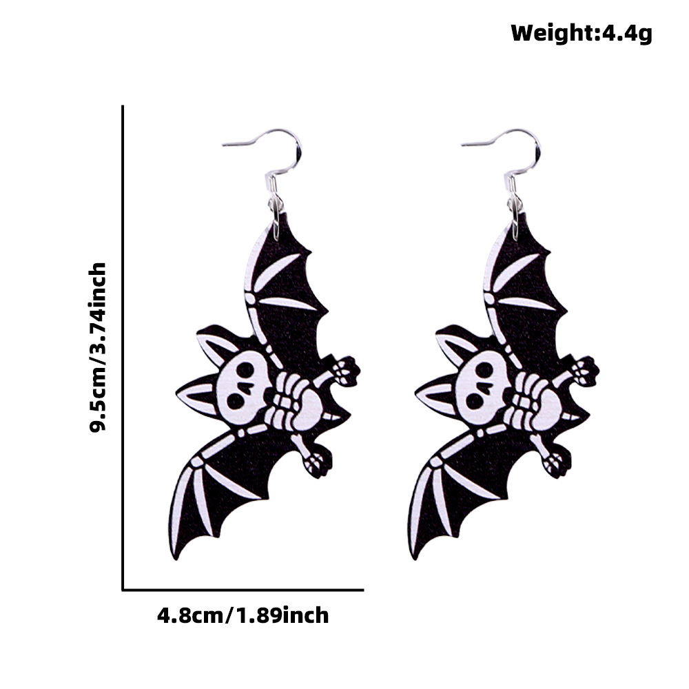 Decoración de Halloween pendientes esqueleto hueso blanco murciélago negro gato pendientes de madera fantasma día maquillaje colgante pendientes