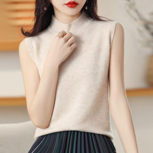 2024 New Autum Half Turtleneck Women's Knitwear Vest Sleeveless Inner Wear Sleeveless T-Shirt Women's Pullover Waistcoat