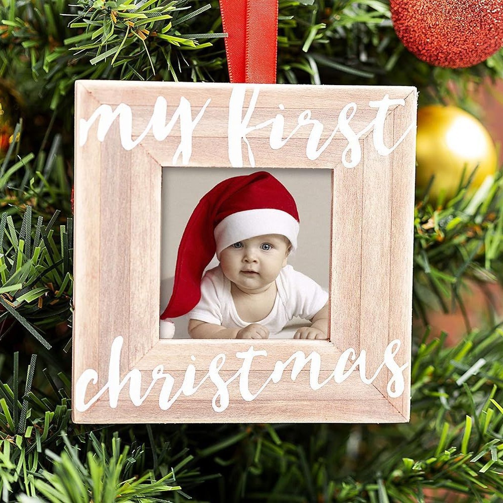 Marco de fotos de madera con cuerda colgante hogar árbol de Navidad decoración marco de fotos colgante de pared de madera foto marco conmemorativo