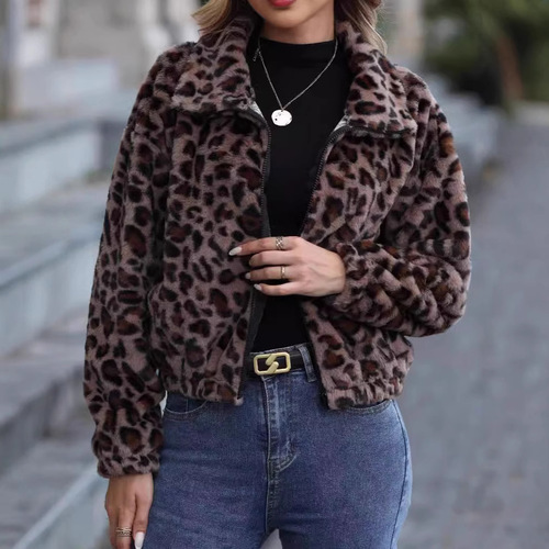 Flashy Wool 2025 Women's European and American Autumn/Winter Loose Zipper Long Sleeve Leopard Print Plush Coat