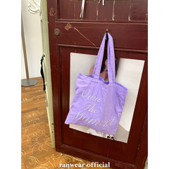 Ranwear撞色刺绣百搭帆布袋小清新紫色单肩大容量慵懒通勤托特包