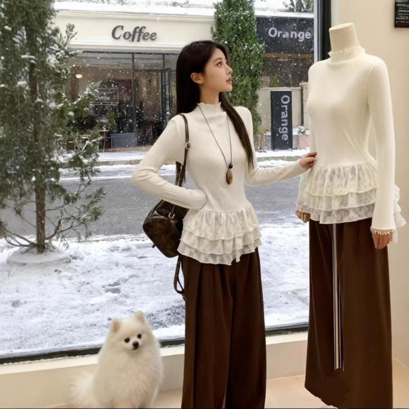 Factory Wholesale Half-Turtleneck Long-Sleeve T-Shirt for Women, New Autumn and Winter Style, Multi-Layered Lace, Slim Fit, Inner Layer Base Shirt