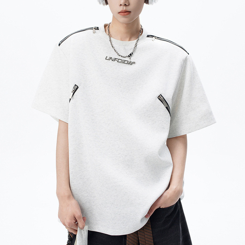 American Style Zipper Design Sense Short-sleeved Men's T-shirt Summer Fashion Brand New Loose Heavy Half-sleeved T-shirt Top Men's Wear