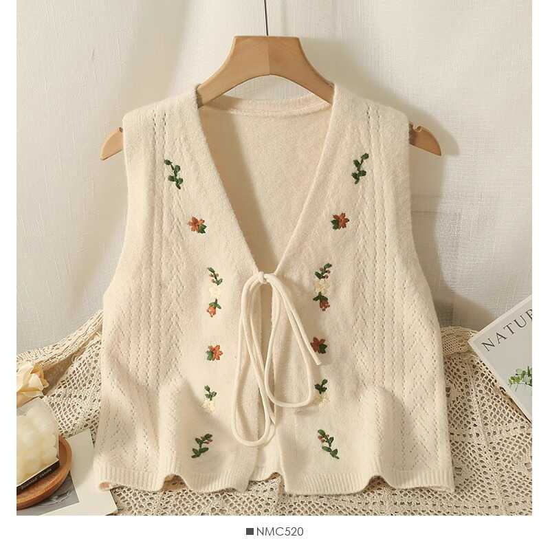 Embroidered Bow Tie V-Neck Knitted Vest for Women 2025 New Autumn Style Sweet Sleeveless Sweater Vest