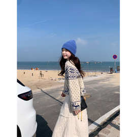 2025秋冬季圣诞穿搭女装慵懒风甜美高领拉链雪花毛衣针织开衫外套