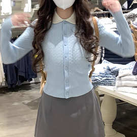 少女 可爱娃娃领修身针织衫女蓝色内搭上衣个性撞色长袖2024春款