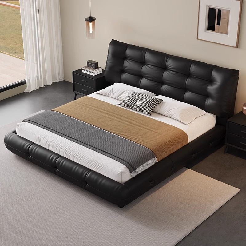 Cama de cuero de buey negro minimalista italiana, cama principal, cama queen, atmósfera de alta gama, cama de boda de envoltura suave, cama de boda doble, cama queen image 4