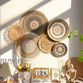 墙上创意装饰品墙面装饰感卧室床头客厅艺术手工草编圆垫挂件