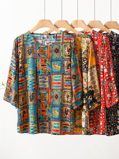 Middle-Aged and Elderly Women's Cotton Silk Shirt Summer Large Size Loose Cotton Silk 7-Quarter Sleeve Belly-Covering Artificial Cotton T-Shirt