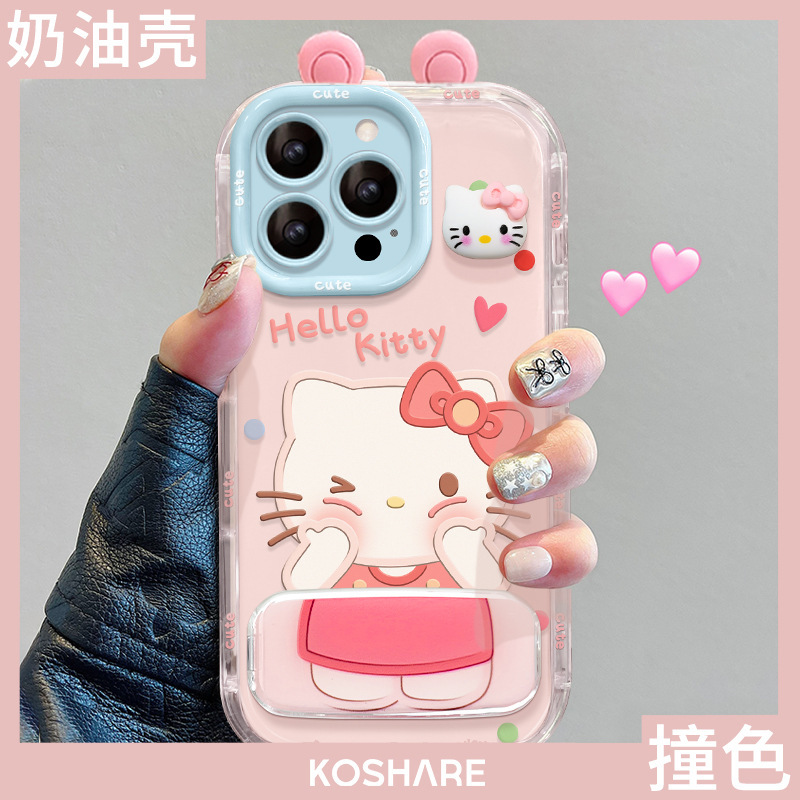 Apple 13 Pro Max用スマホケース、16eキュートなキティちゃんフィギュアスタンド付き、14ゼリー、15新作レディースモデル、17ハードケース|undefined