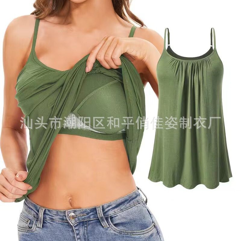 Cross-border European and American plus-size camisole with ruched neckline, loose fit, women's modal vest with chest pads