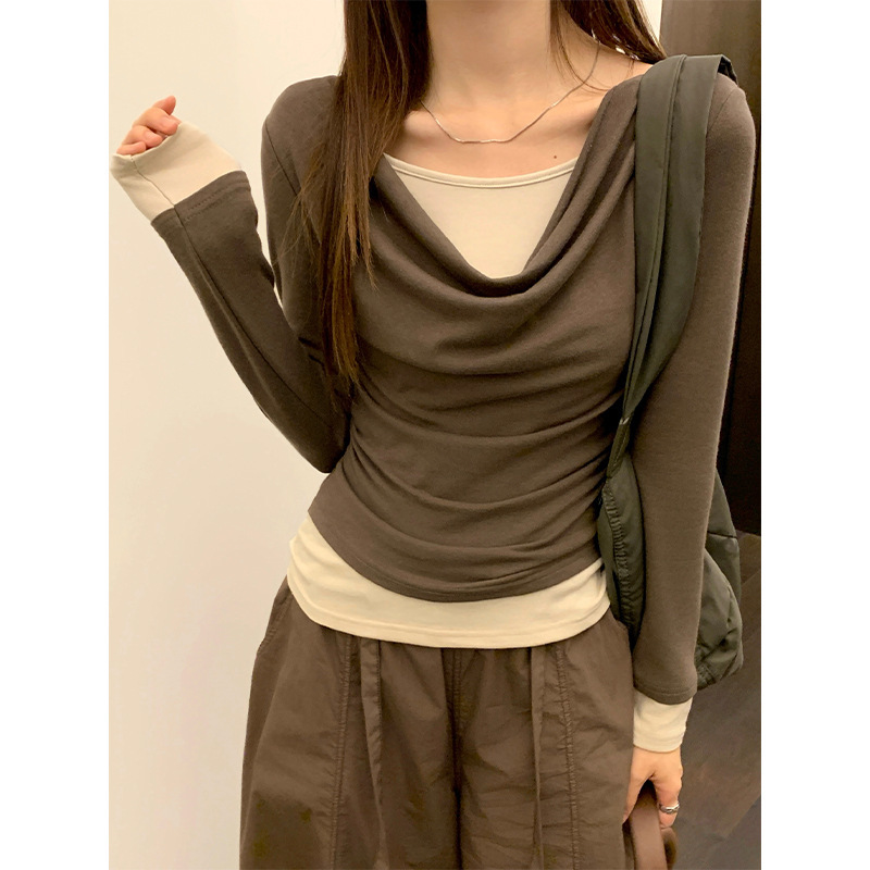 Real Shot # Green Swing Collar Fake Two-Piece Long-Sleeved T-Shirt for Women 2025 Waist-Cinching Autum Top for Women with Bottoming Shirt Real Shot # Green Swing Collar Fake Two-Piece Long-Sleeved T-Shirt for Women 2025 Waist-Cinching Autum Top for Women with Bottoming Shirt