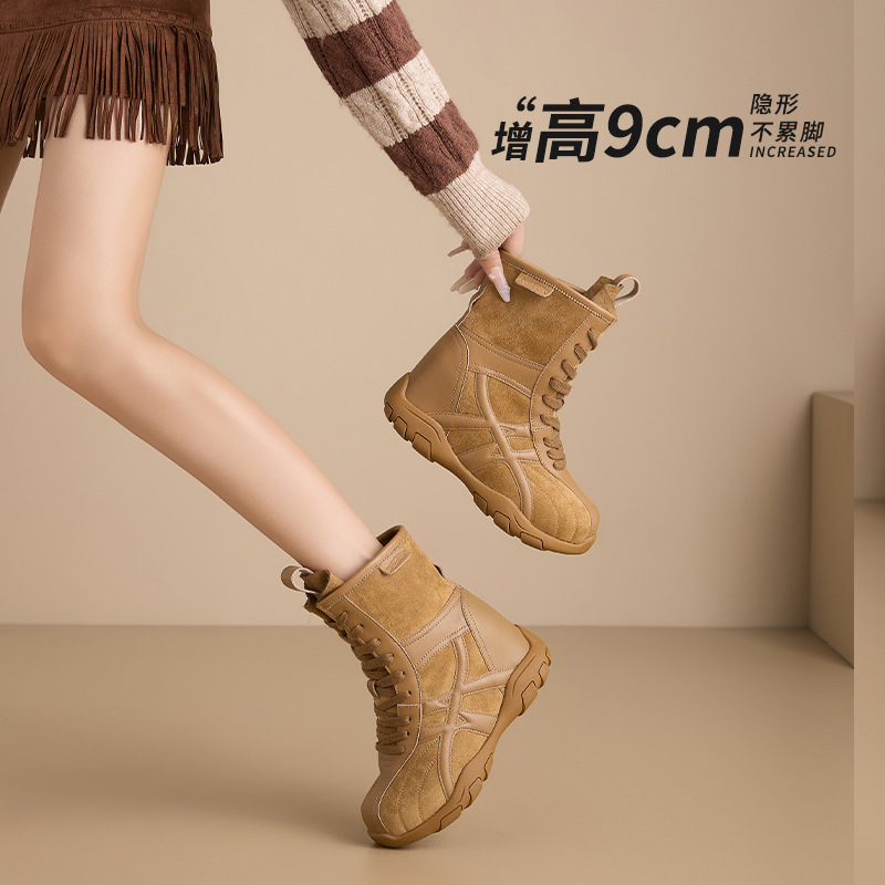 9cm Height-Increasing Women's Boots 2025 Autumn and Winter New Style Plush Western Boots Thick-Soled Yellow Boots Slimming Boxing Boots