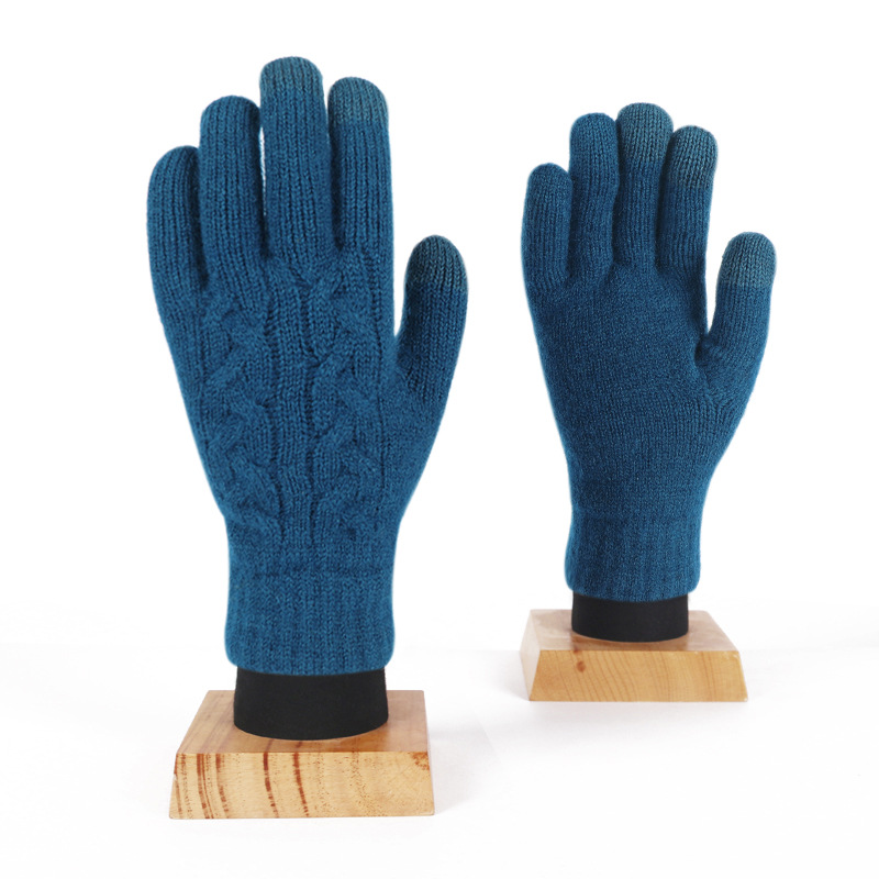 Guantes de punto de pantalla táctil térmica de doble capa de invierno para mujer Lana a prueba de frío Color sólido forrado de lana engrosado guantes de equitación al aire libre para hombres