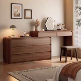 雅杏实木梳妆台斗柜一体卧室2025新款胡桃色化妆桌床尾收纳置物柜