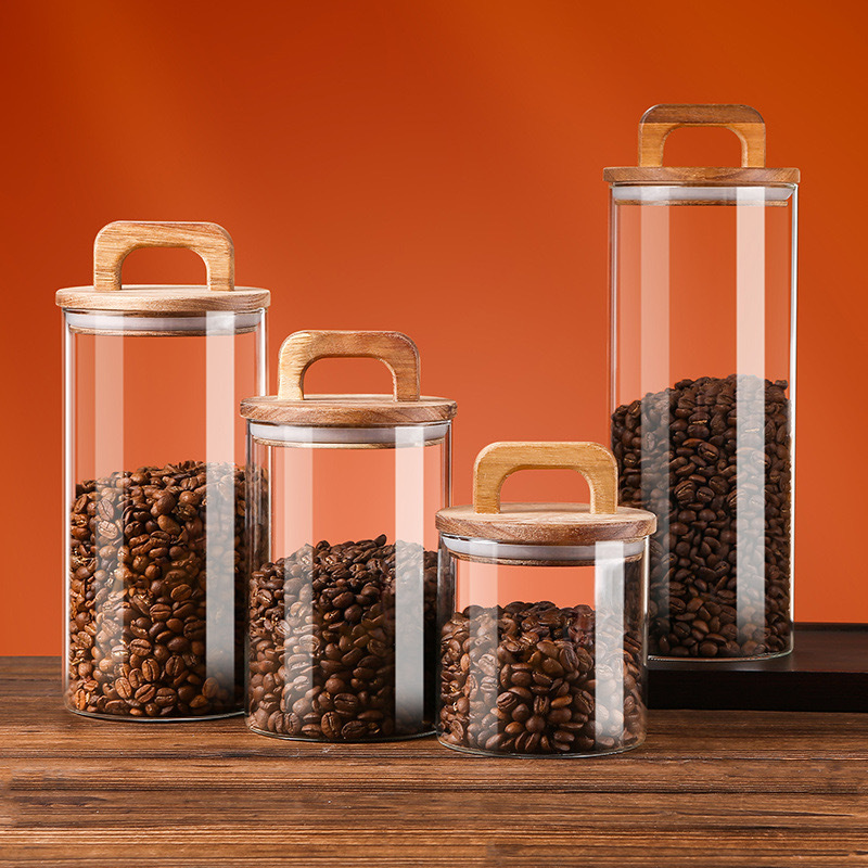 Alta borosilicona americana mango de madera tanque de almacenamiento de gran capacidad de cocina tanque de almacenamiento de granos de café multi-especificación sellado tanque de almacenamiento