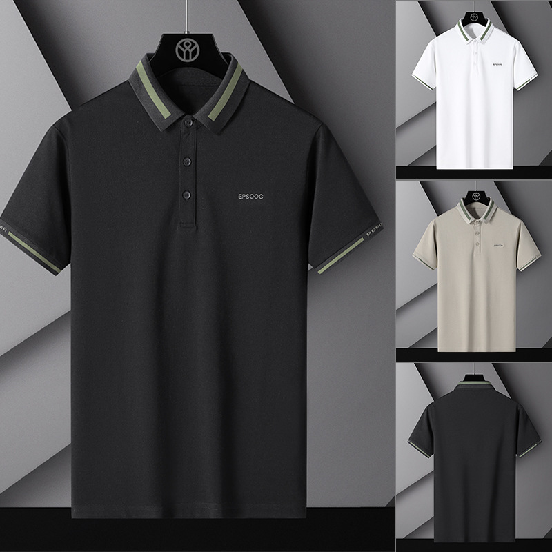 Polo Shirt Men's 2025 Short-sleeved Men's Ice Silk Stitching Llip Casual T-shirt Slim-fit Business Casual Llip T-shirt Men's