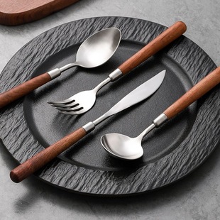 Cross-border stainless steel tableware spoon Fork imitation wooden handle knife fork spoon vintage Western knife eating spoon round spoon Fork