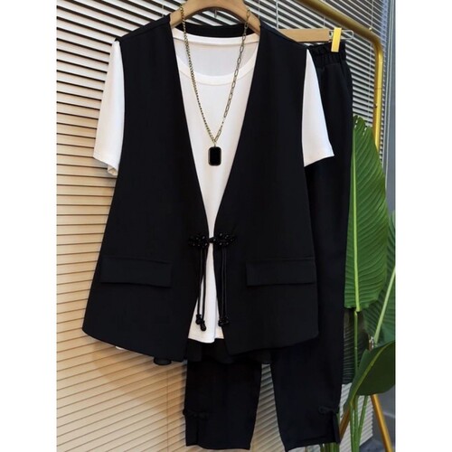 Plus Size Extra Large 300 Pounds Loose Stylish Sleeveless Vest Top Three-Piece Set for Women Summer Casual Vest Set