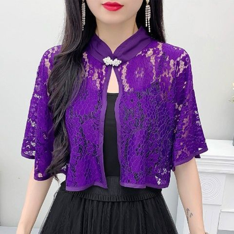 Retro Cape for Women with Skirt and Cheongsam Fairy Lace Small Jacket Top Style Sun Protection Cardigan Silver Buckle Shawl