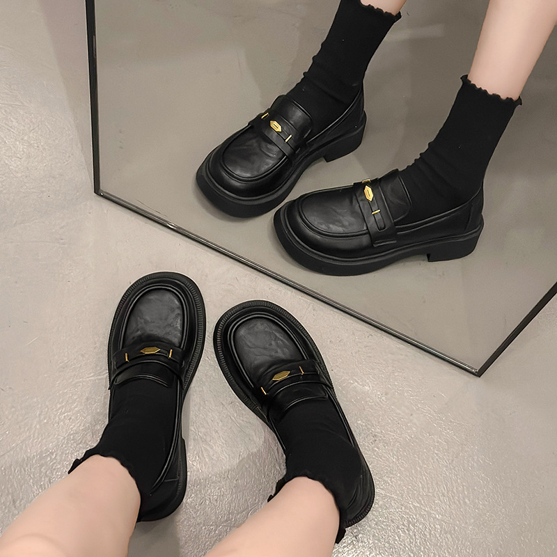 Women's Thick-soled Loafers Retro Style Round-toe Leather Shoes_voghion.com