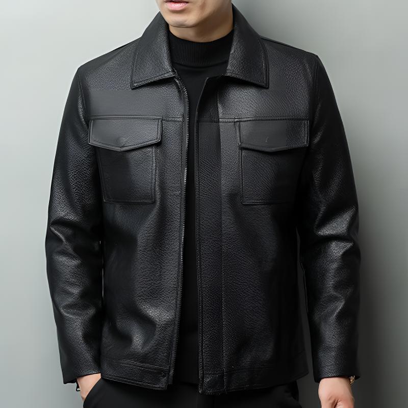 카키 가죽 재킷 - 블랙 얇은 스타일