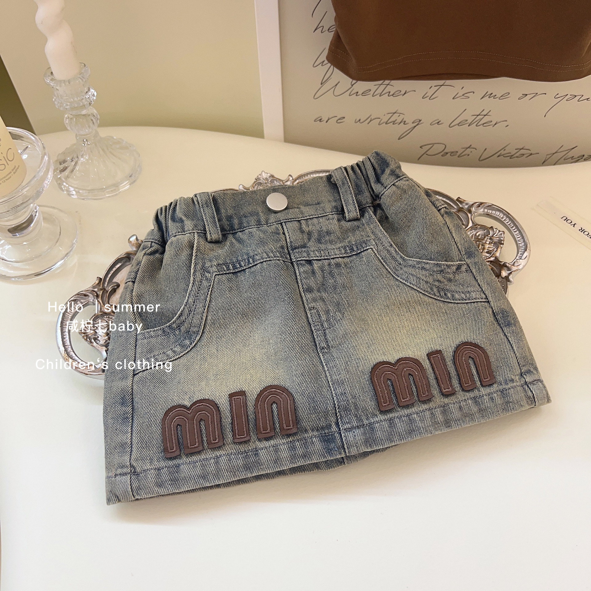 兒童韓版復古字母貼布牛仔裙高腰短裙女童百搭褲夏季L55193