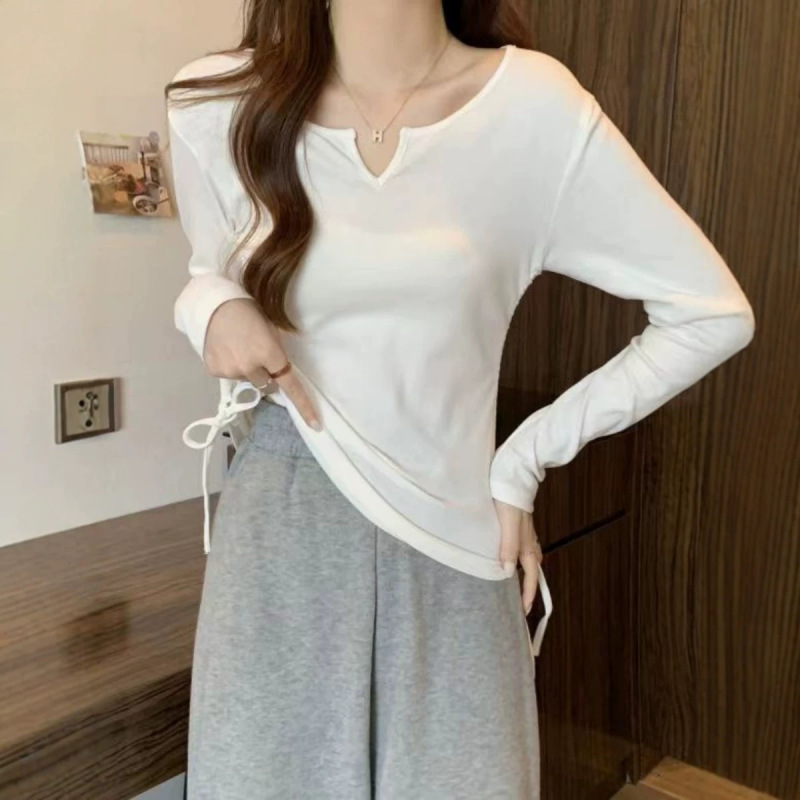 Pure cotton ribbed knit, 95% cotton, 5% spandex, V-neck, long-sleeved inner T-shirt, women's stylish drawstring fitted top Pure cotton ribbed knit, 95% cotton, 5% spandex, V-neck, long-sleeved inner T-shirt, women's stylish drawstring fitted top