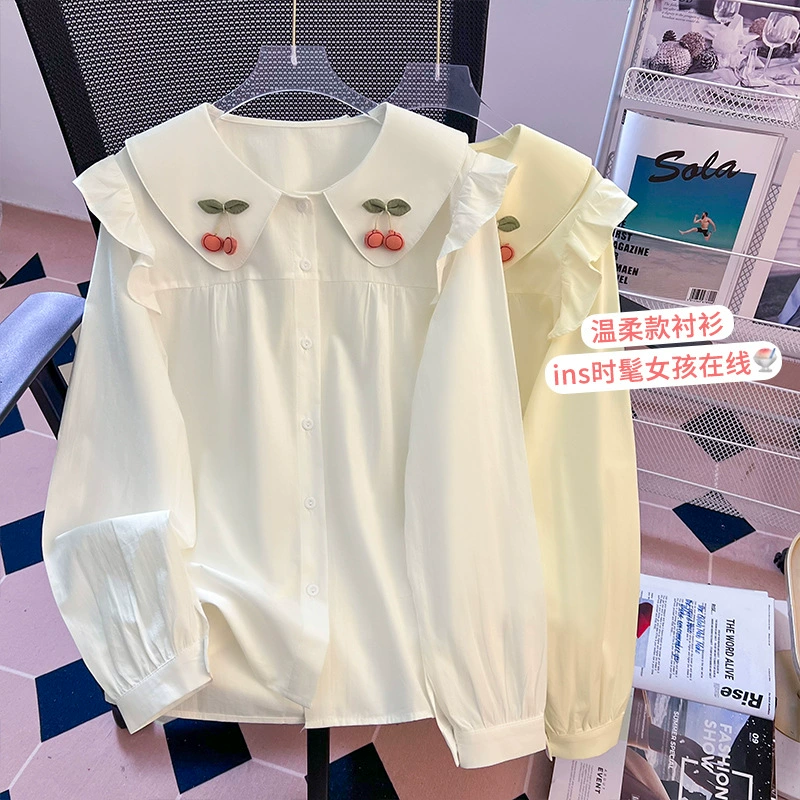 Реальный выстрел рубашка с кукольным воротником женский 2024 новый деревянный грибок